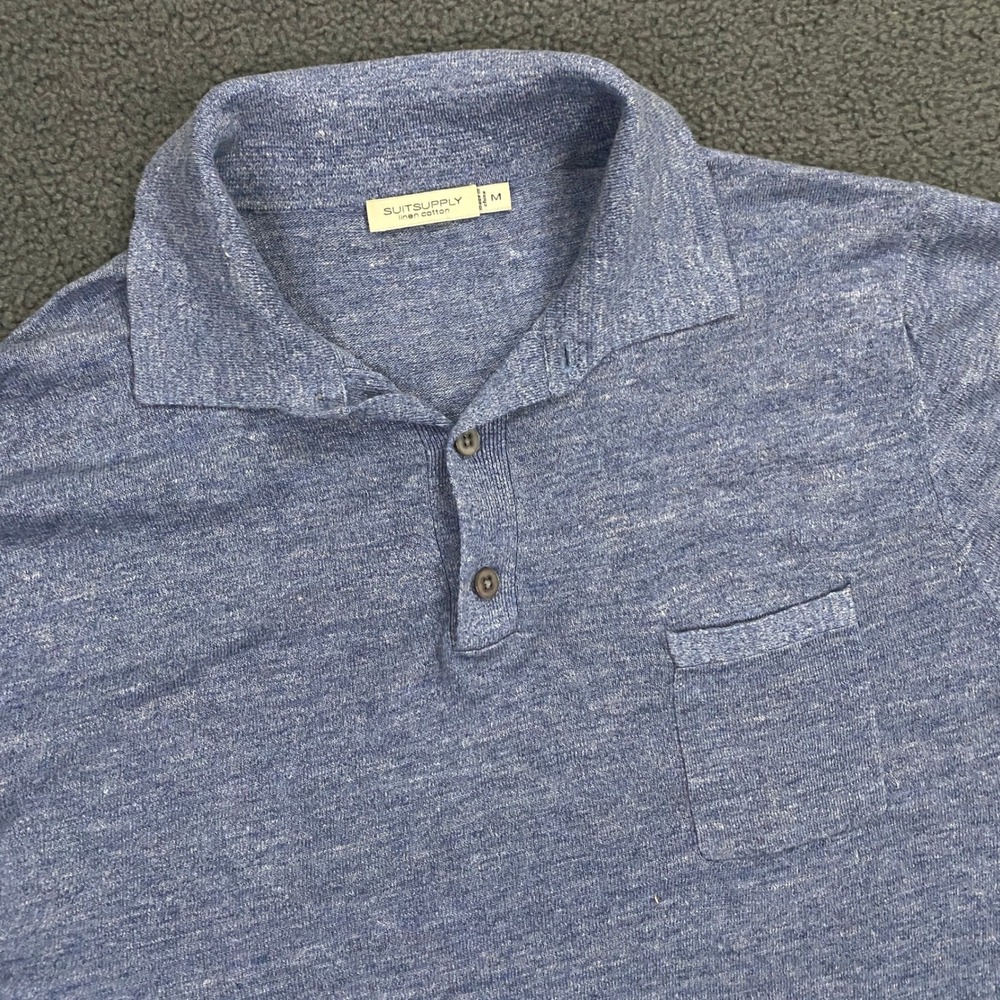 Suitsupply Polo Shirt Mens Medium Blue Linen Cotton Knit Short Sleeve Preppy